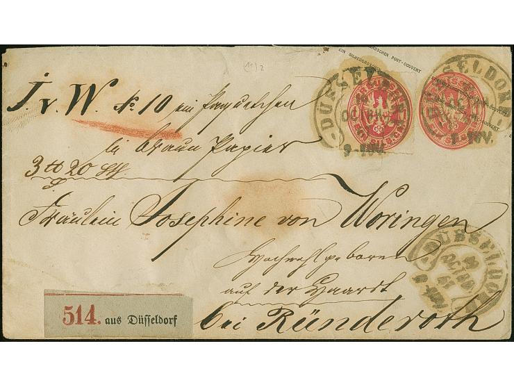 “DÜSSELDORF 19.OCTBR.67” (Spalink 11-2) mehrfach klar auf Preußen Ganzsachen-Umschlag 1 Sgr. mit wertstufengleicher Zufrankat
