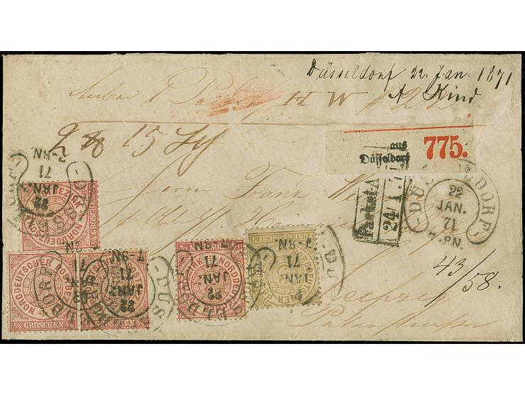 “DÜSSELDORF 22.JAN.71” (Spalink 11-2) mehrfach klar auf zwei Einzelmarken und angetrenntem Paar ¼ Gr. karminrot sowie Einzelm