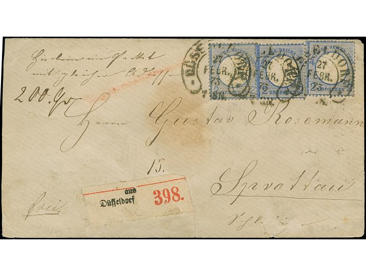 “DÜSSELDORF** 27.FEBR.73” (Spalink 11-3), mehrfach klar auf kleiner Schild 2 Gr. gruultramarin und zwei Einzelwerten großer S