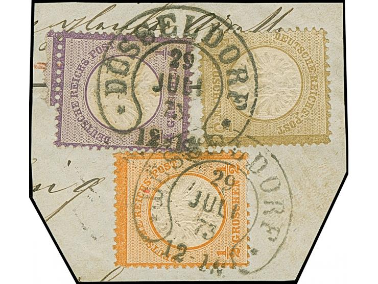 “DÜSSELDORF** 29.JULI.73” (Spalink 11-3) zweimal klar auf großer Schild ¼ Gr. violettpurpur, ½ Gr. orange und 5 Gr. ockerbrau