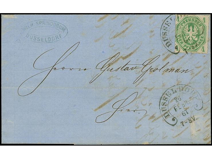 “DÜSSELDORF 26.FEBR.67” (Spalink 11-5) auf Preußen Wappen 4 Pfge smaragdgrün auf komplettem Faltbrief im Ortsverkehr. Für Ort