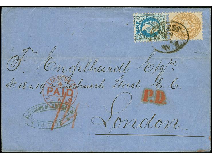 15 Kr. hellbraun in Mischfrankatur mit 1867 10 Kr. blau, farbfrisch und gut gezähnt, sauber mit Ovalstempel “TRIEST 19-5” auf