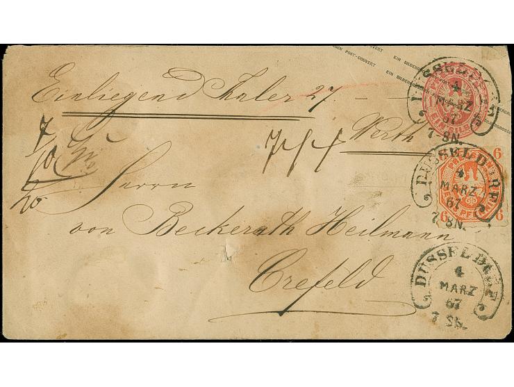 “DÜSSELDORF 4.MÄRZ.67” (Spalink 11-5) mehrfach klar auf Preußen Ganzsachenumschlag 1 Sgr. mit Zufrankatur 6 Pfg. orange als W