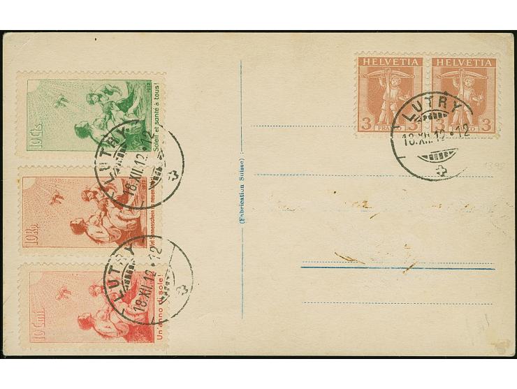 1912, Pro Juventute, alle 3 Werte mit sauberem Stempel "LUTRY 12.XII.12" auf Briefstück (Ansichtskarte mit entfernter Adresse