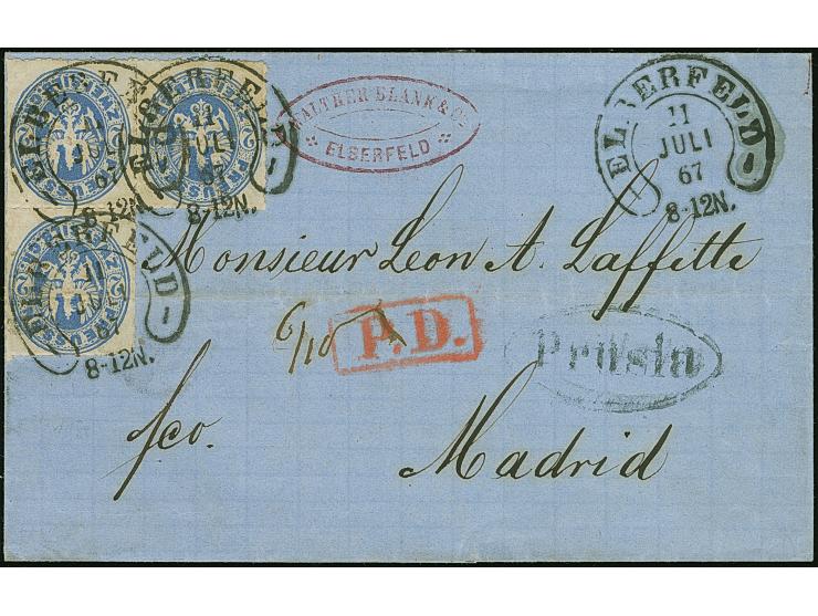 “ELBERFELD 11.JULI.67” Spalink 12-1) mehrfach klar auf waagerechtem Paar und Einzelmarke Preußen Wappen 2 Sgr. ultramarinblau