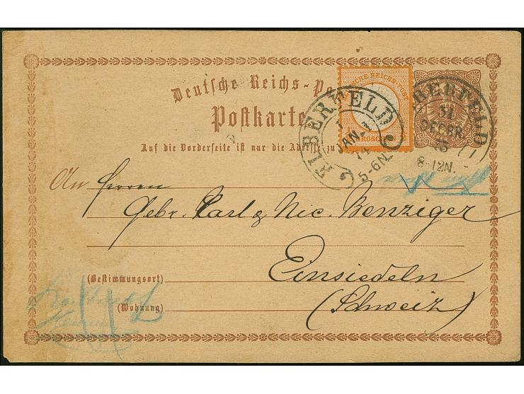 “ELBERFELD 31.DECBR.73” (Spalink 12-1) auf Ganzsachenkarte ½ Gr. mit nachgeklebter großer Schild ½ Gr. orange mit Stempel “EL