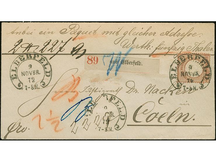 “ELBERFELD 9.NOVBR.72” (Spalink 12-5) sehr klar auf großer Schild 2½ Gr. lilabraun als tarifgerechte Einzelfrankatur auf Wert