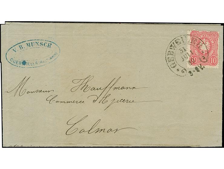 “GEBWEILER 31.JULI.80” (Spalink 13) sehr klar auf Ausgabe 1880 10 Pfg. mattrosa auf komplettem Faltbrief nach Colmar mit Anku