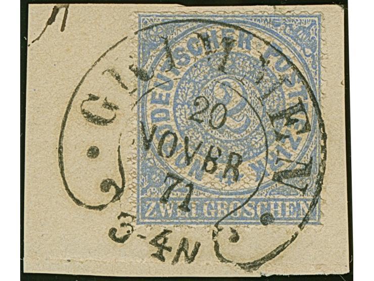 “GRIMMEN 20.NOVBR.71” (Spalink 15) sehr klar auf Norddeutscher Postbezirk 2 Gr. gezähnt auf Briefstück. Die farbfrische Marke