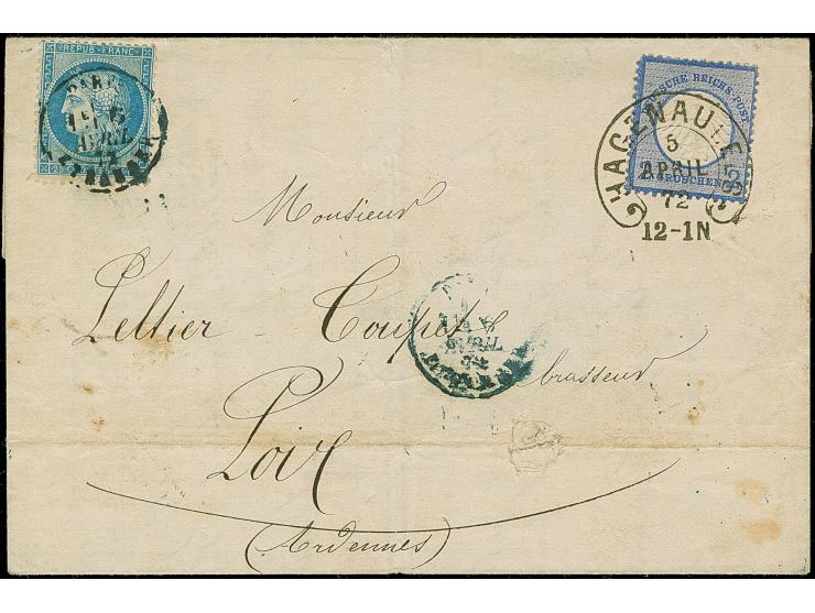 “HAGENAU I. ELSASS 5.APRIL.72” (Spalink 16) sehr klar auf kleiner Schild 2 Gr. grauultramarin mit Plattenfehler “beschädigter