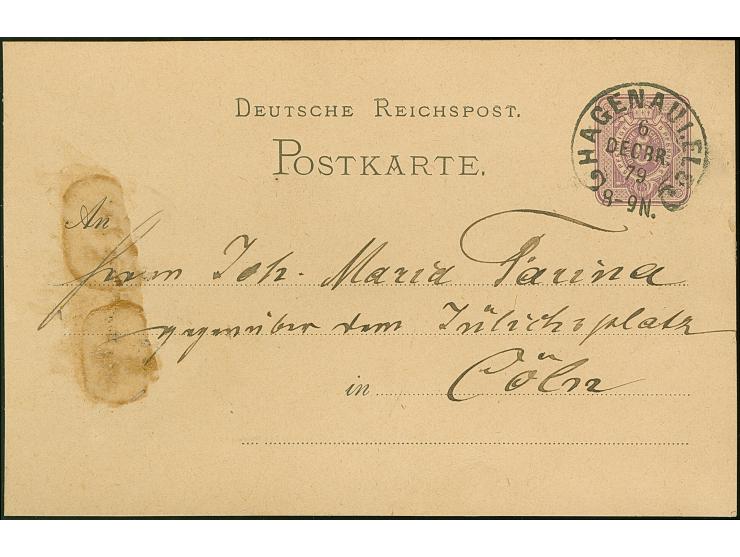 “HAGENAU I. ELS. 6.DECBR.79” (Spalink 16) klar auf Ganzsachenkarte 5 Pfge nach Köln. Die Karte links mit Leimflecken, ansonst