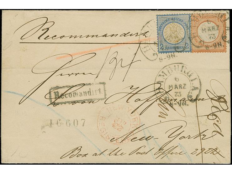 HAMBURG I.A. 6.MÄRZ.73" (Spalink 17-2) klar auf großer Schild 2 Gr. grauultramarin und 2½ Gr. rötlichbraun als tarifgerechte 