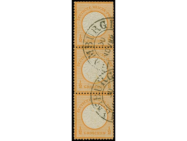 “HAMBURG I.A. 30.NOVBR.(74)” (Spalink 17-2M) zweimal recht klar auf senkrechtem Dreierstreifen großer Schild ½ Gr. orange. Di