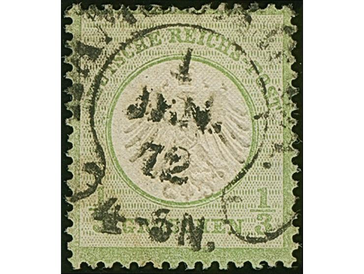 “HAMBURG I.A. 1.JAN.72” (Spalink 17-3) recht klar auf loser Marke ⅓ Gr. gelblichgrün. Die farbfrische Marke ist sehr gut und 