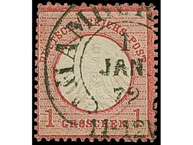 “HAMBURG I.A. 1.JAN.72” (Spalink 17-4) sehr klar auf loser Marke kleiner Schild 1 Gr. karmin. Die farbfrische Marke ist sehr 