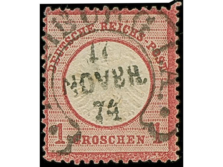 “HAMBURG I.A. 17.NOVBR.74” (Spalink 17-4M) ohne Zeitgruppenriegel sehr klar auf loser Marke großer Schild 1 Gr. karmin. Die f