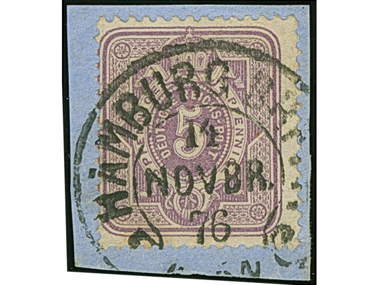 “HAMBURG BRF.P. 14.NOVBR.76” (Spalink 17-5), klar auf 5 Pfge violett auf Briefstück. Die farbfrische Marke ist in einwandfrei