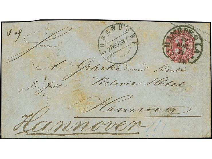 “HAMBURG I.A. 29.AUG.73” (Spalink 17-4) klar auf Wertstempel Ganzsachenumschlag Württemberg 3 Kr. mit nebengesetztem Aufgabes