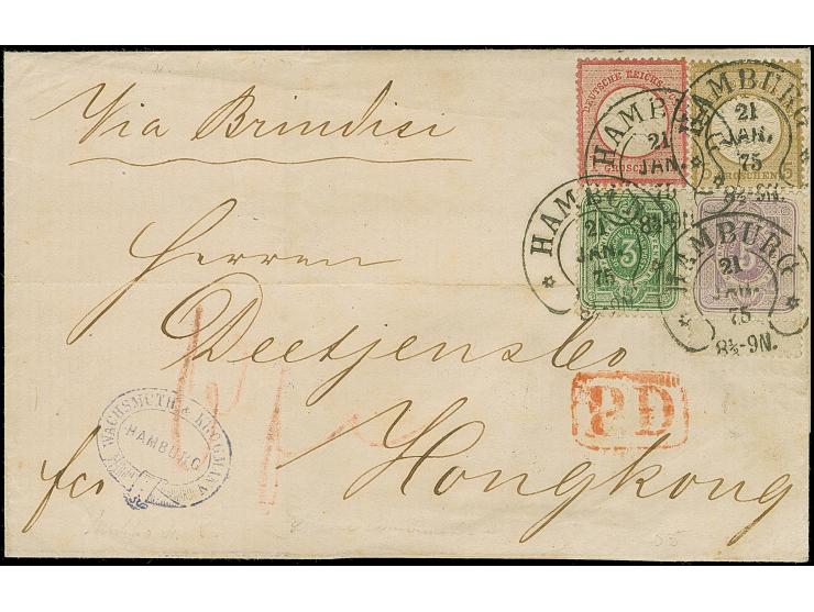 “HAMBURG 21.JAN.75” (Spalink 17-9) mehrfach klar auf großer Schild 1 und 5 Gr. sowie 3 Pfge gelblichgrün und 5 Pfge violett a