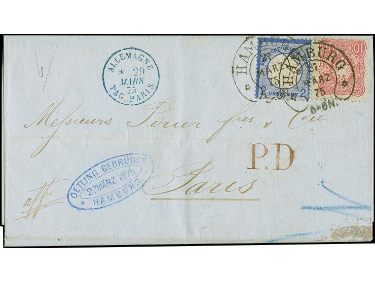 “HAMBURG 27.MÄRZ.75” (Spalink 17-9) zweimal klar auf kleiner Schild 2 Gr. grauultramarin mit Plattenfehler “linke Wertziffer 