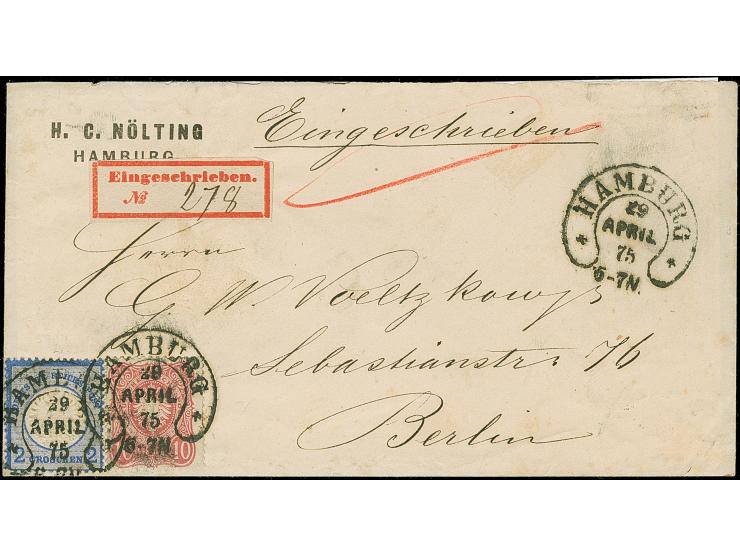 “HAMBURG** 28.APRIL.75” (Spalink 17-10) zweimal klar auf großer Schild 2 Gr. grauultramarin und 10 Pfge lilarot als tarifgere