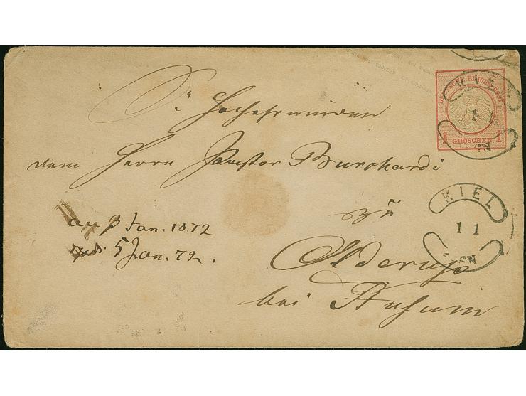 “KIEL 1.1.(72)” (Spalink 19-1)" zweimal klar auf Ganzsachenumschlag kleiner Schild 1 Gr. nach Olderup bei Husum mit Ausgabest