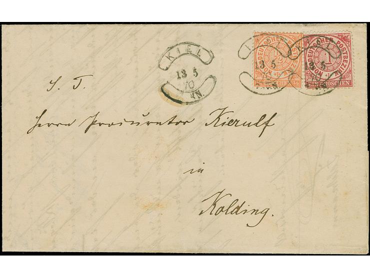 “KIEL 13.5.70” (Spalink 19-2) mehrfach klar auf Norddeutscher Postbezirk ½ Gr. und 1 Gr. gezähnt als tarifgerechte Frankatur 