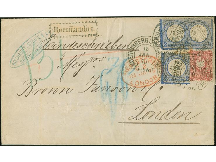 “KÖNIGSBERG i. PR. P.A. OST BHF. 15.JAN.75” (Spalink 20-2) mehrfach klar auf drei Einzelmarken großer Schild 2 Gr. ultramarin