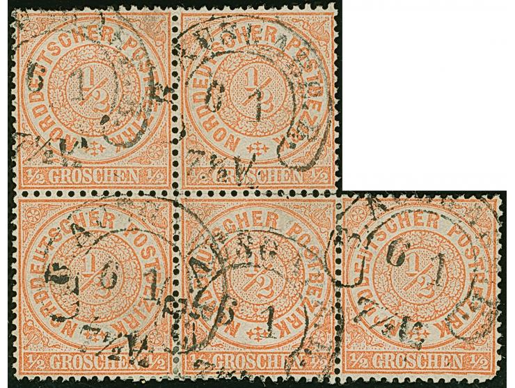 “B.AUSGABE.B 6.1.(69)” (Spalink 21-3M) ohne Trennstrich und Jahreszahl, mehrfach klar auf Fünfer-Block Norddeutscher Postbezi