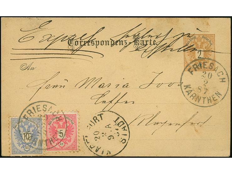 1883, Doppeladler 5 Kr. lebhaftlilarot/schwarz und 10 Kr. mittelviolettultramarin/schwarz als Zufrankatur auf Ganzsachenkarte