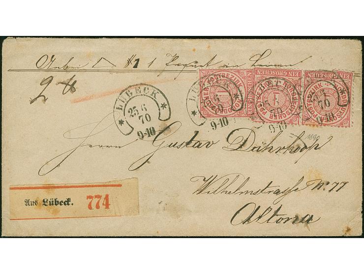 “LÜBECK** 25.6.70” (Spalink 22-1) mehrfach klar auf waagerechtem Paar und Einzelmarke Norddeutscher Postbezirk 1 Gr. gezähnt 