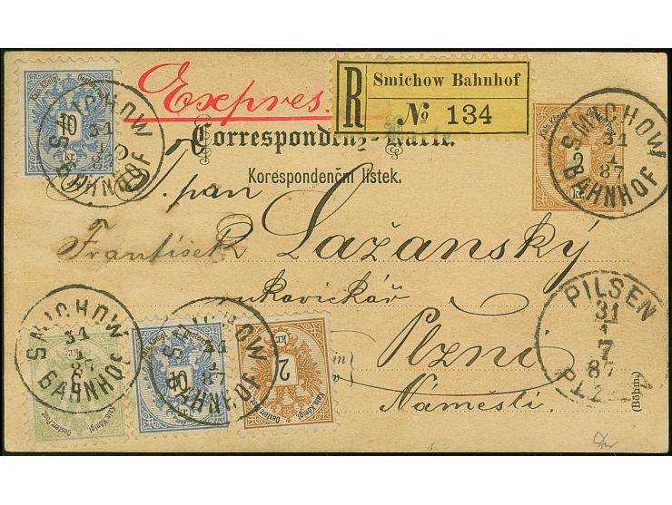 2 Kr. hellockerbraun/schwarz, 3 Kr. mattgrün/schwarz und 10 Kr. mittelviolettultramarin/schwarz (zwei Einzelwerte) als Zufran