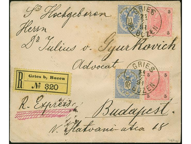 10 Kr. mittelviolettultramarin/schwarz (zwei Einzelwerte) als Zufrankatur mit 5 Kr. mittelkarmin/schwarz (2) auf eingeschrieb