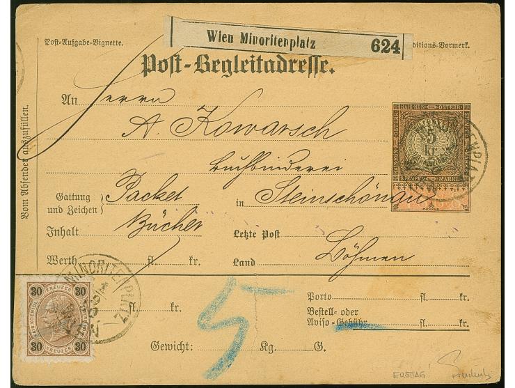 1890, Kaiser Franz Josef 30 Kr. dunkelorangebraun/schwarz auf Post-Begleitadresse-Karte 5 Kr. braun von “MINORITENPLATZ WIEN 