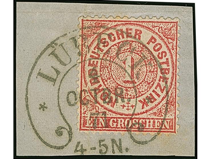“LÜBECK 4.OCTBR.71” (Spalink 22-4) klar und komplett auf Norddeutscher Postbezirk 1 Gr. gezähnt auf Briefstück. Die farbfrisc