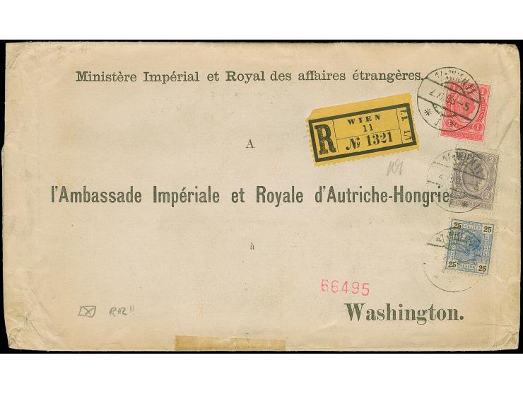 1899, Kaiser Franz Josef 2 Kr. dunkelviolettgrau, 1 Kr. rötlichlila sowie 25 H. mittelgrauultramarin/schwarz, mit Stempel “WI