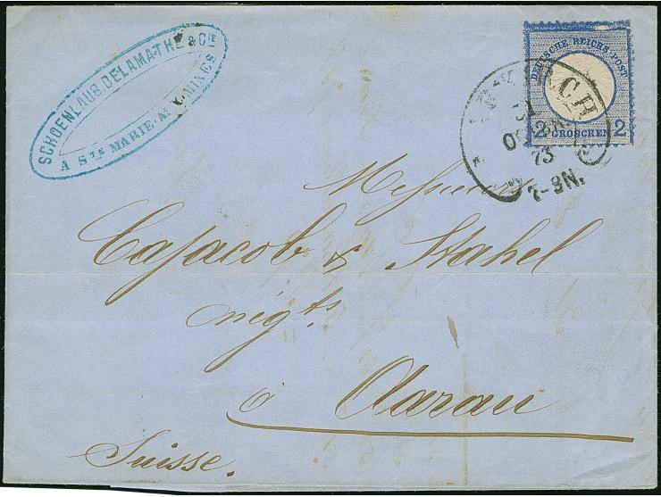 “MARKIRCH 31.OCTBR.73” (Spalink 24) etwas undeutlich auf großer Schild 2 Gr. grauultramarin mit Plattenfehler “heller Fleck i