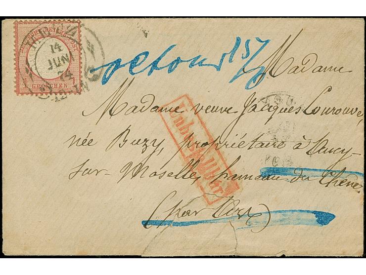 “METZ 14.JUNI.74” (Spalink 25-1N) klar auf großer Schild 1 Gr. karmin auf Briefkuvert nach Lucy mit Ankunftsstempel. Da der E