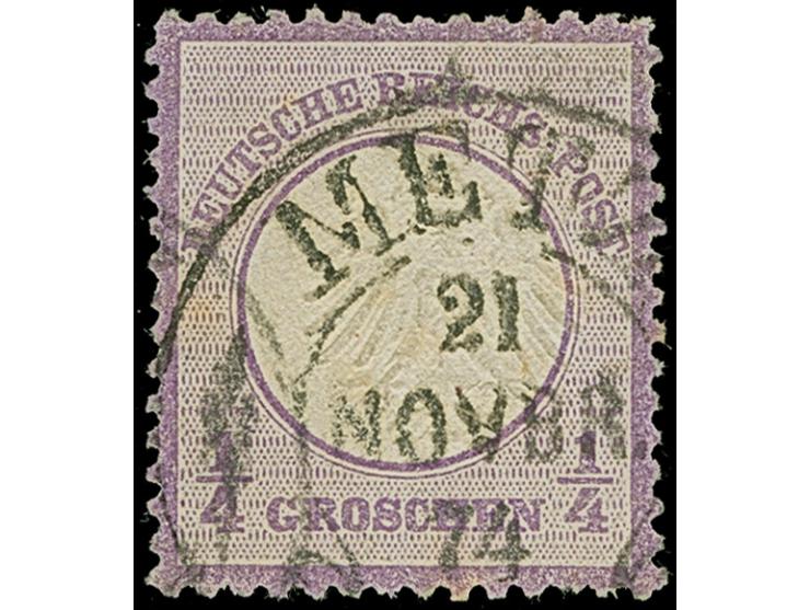 “METZ 21.NOVBR.74” (Spalink 25-2) klar auf loser Marke kleiner Schild ¼ Gr. graupurpur. Die farbfrische Marke ist gut geprägt