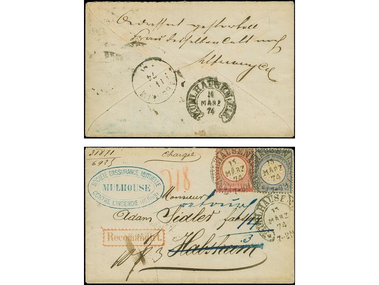 “MÜHLHAUSEN i. ELS. 13.MÄRZ.74” (Spalink 26-2) zweimal klar auf großer Schild 1 Gr. karmin und 2 Gr. grauultramarin als tarif