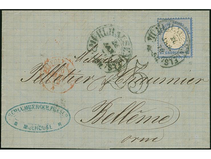 “MÜHLHAUSEN i. ELS. 26.JAN.72” (Spalink 26-3) recht klar auf kleiner Schild 2 Gr. grauultramarin auf komplettem Faltbrief mit