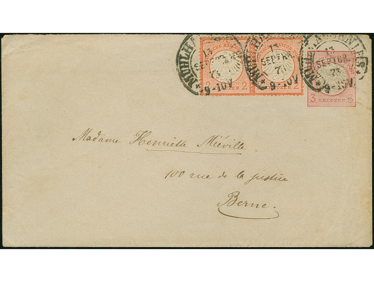 “MÜHLHAUSEN i. ELS. 13. SEPTBR.73” (Spalink 26-4) mehrfach recht klar auf Ganzsachen-Umschlag kleiner Schild 3 Kr. mit tarifg