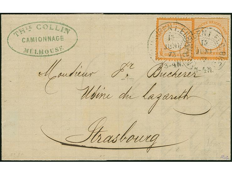 “MÜLHAUSEN i. ELS. BHF. 13.JUNI.73” (Spalink 26-6) zweimal klar auf zwei Einzelmarken kleiner Schild ½ Gr. orange, rechte Mar