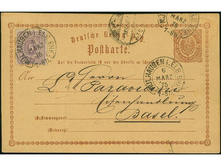 “MÜLHAUSEN i. ELS. BHF. 6.MÄRZ.75" (Spalink 26-6) mehrfach klar auf Ganzsachenkarte ½ Gr. mit tarifgerechter Zufrankatur 5 Pf