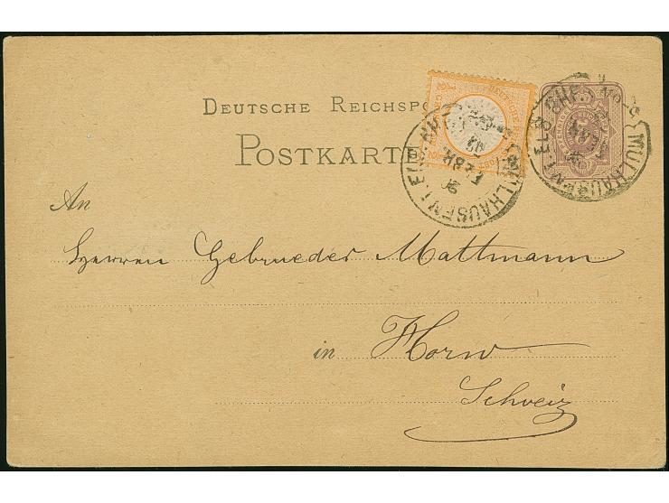 “MÜLHAUSEN i. ELS. BHF. 20.FEBR.75” (Spalink 26-6) zweimal recht klar auf Ganzsachenkarte 5 Pfge mit tarifgerechter Zufrankat