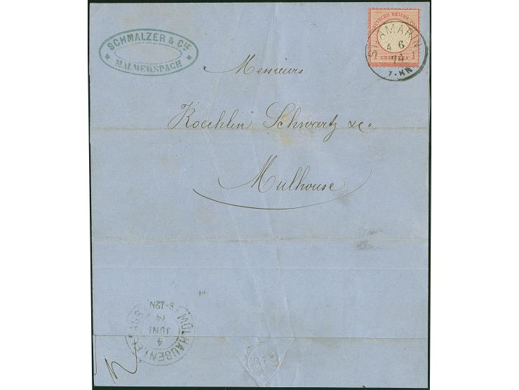 “MÜLHAUSEN i. ELSASS 4.JUNI.74” (Spalink 26-7) sehr klar rückseitig als Ankunfsstempel auf Faltbrief mit großer Schild 1 Gr. 