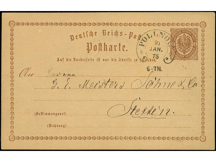 “POLLNOW 21.JAN.75” (Spalnik 31) sehr klar mit nach unten versetzter Uhrzeitengruppe auf Ganzsachenkarte ½ Gr. nach Stettin i
