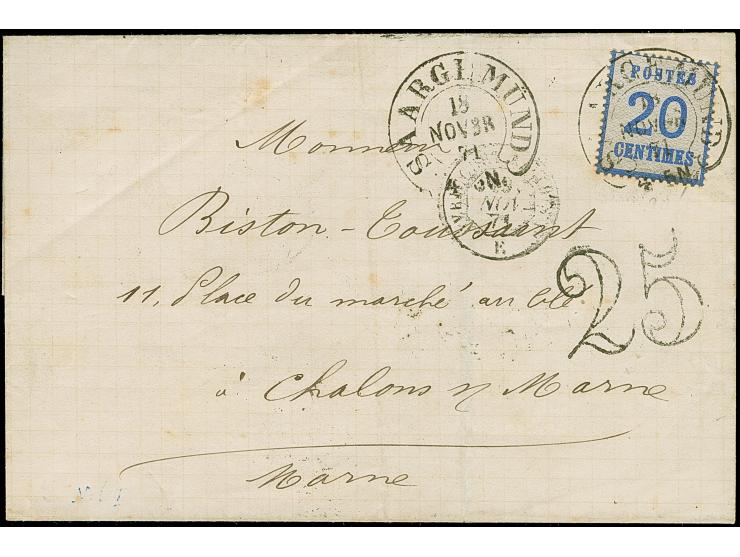 “SAARGEMÜND 18.NOVBR.71 (Spalink 32) klar auf Elsass-Lothringen 20 C. mit Netzwerk Spitzen nach oben auf Faltbriefhülle mit f