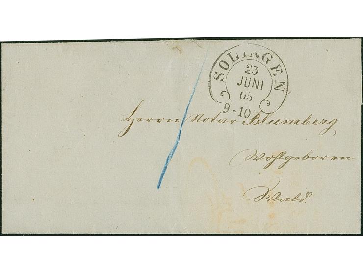 “SOLINGEN 23.JUNI.65” (Spalink 34-2) sehr klar auf bar frankierter Faltbriefhülle mit blauem Tax-Vermerk “1” (Sgr.) nach Wald