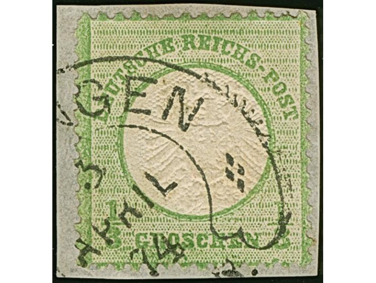 “SOLINGEN 3.APRIL.74” (Spalink 34-4) auf großer Schild ⅓ Gr. gelblichgrün im kleinen Format L15 auf Briefstück. Die farbfrisc